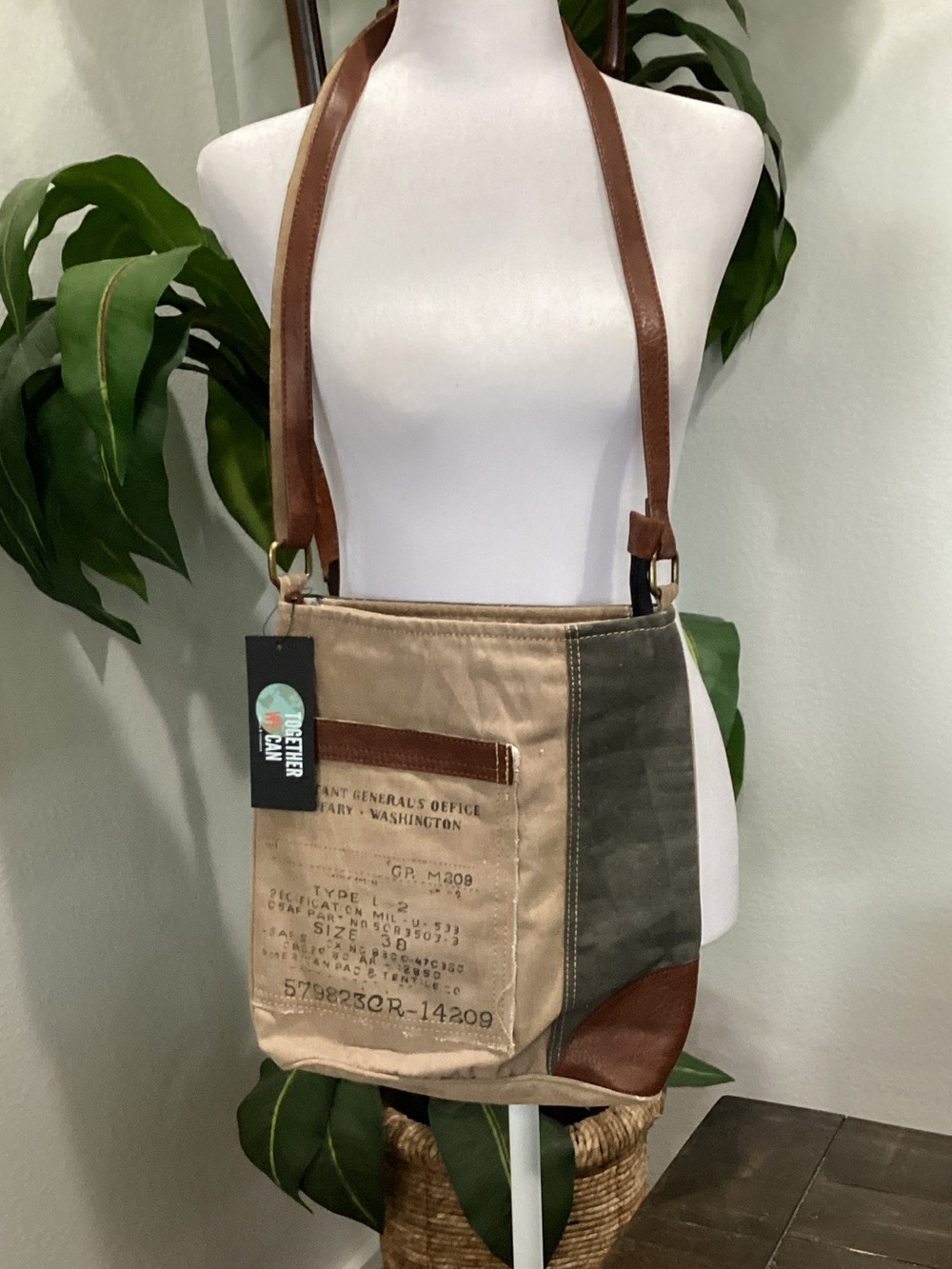Reclaimed Canvas‎ Crossbody Bag with Brown Leather Trim